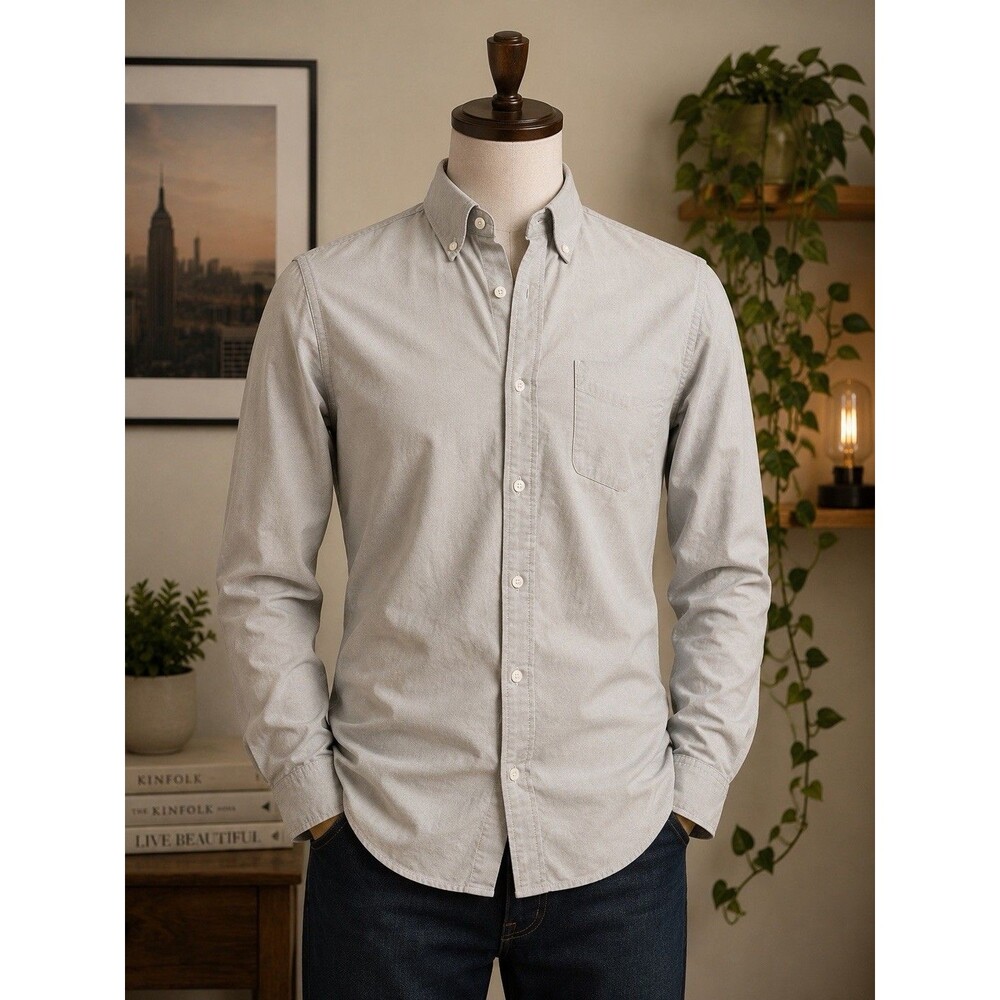 Uniqlo Slim Fit Gray Solid Button-Down Collar Long Sleeve Shirt Men’s L